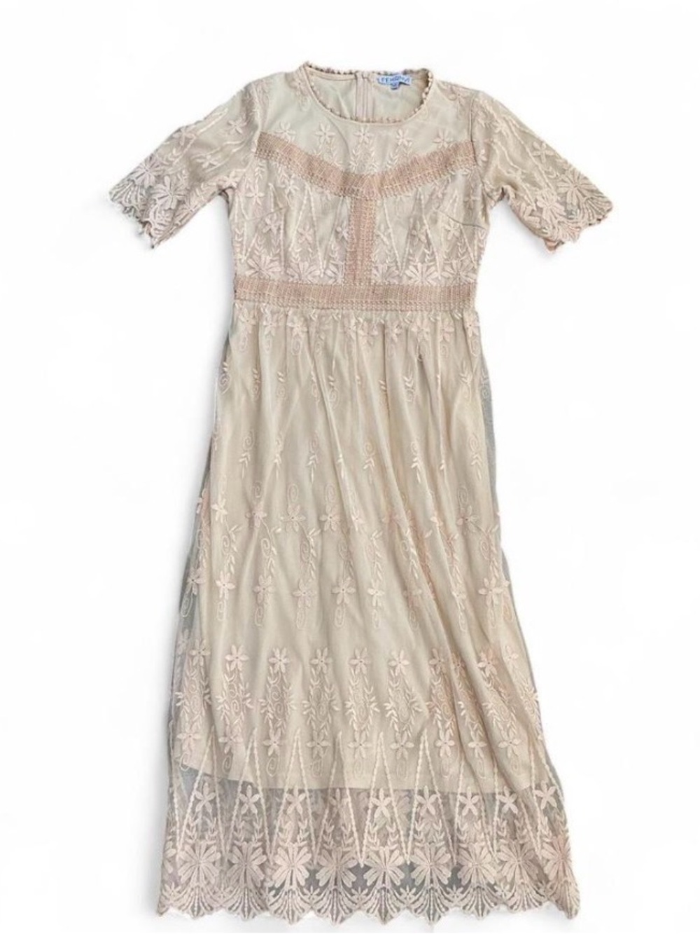 Romantic Victorian Ren Fair Boho Cottage Cream Lace Overlay Midi Dress